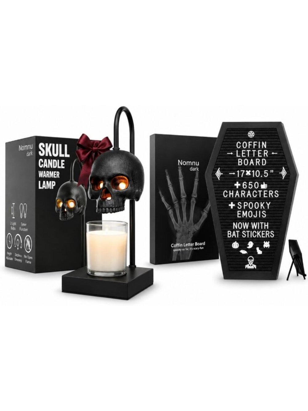 Gothic Skull Candle Warmer Lamp & Coffin Letter Board | Dark Home Decor Bundle